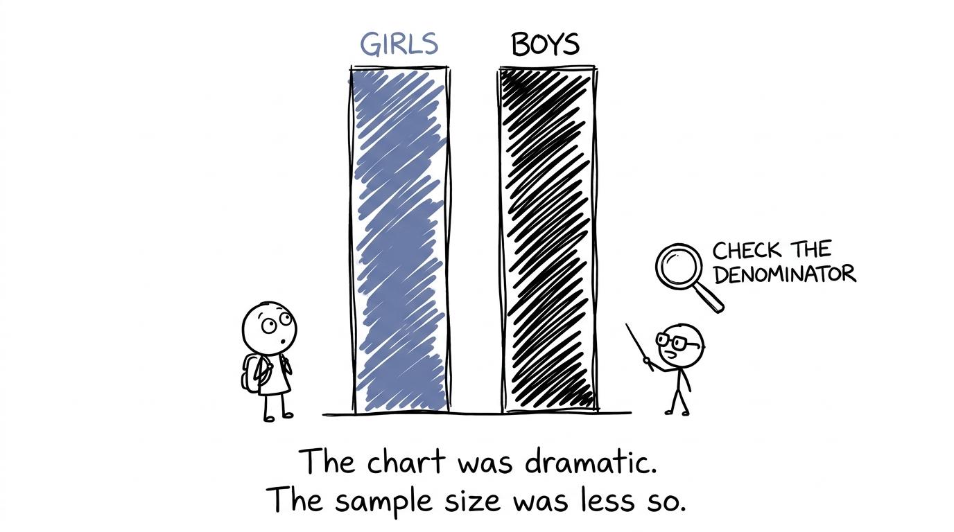 A statistician reminds students to check the denominator before trusting a dramatic chart