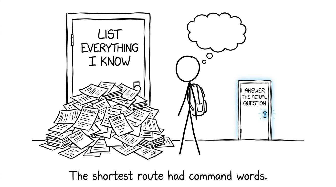 A student discovers that command words provide the shortest route through an exam