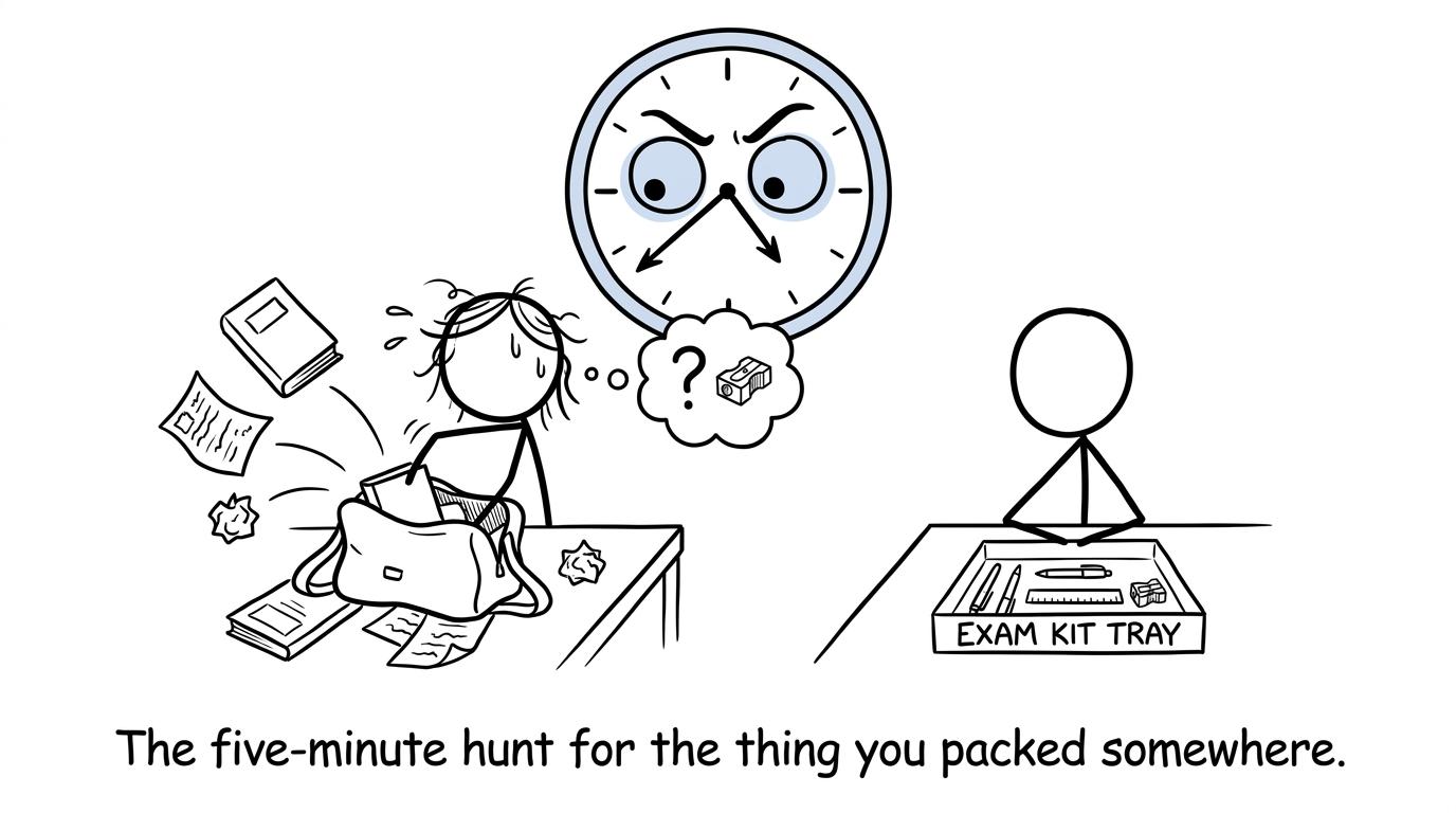 An organised student avoids a frantic search for a missing pencil sharpener