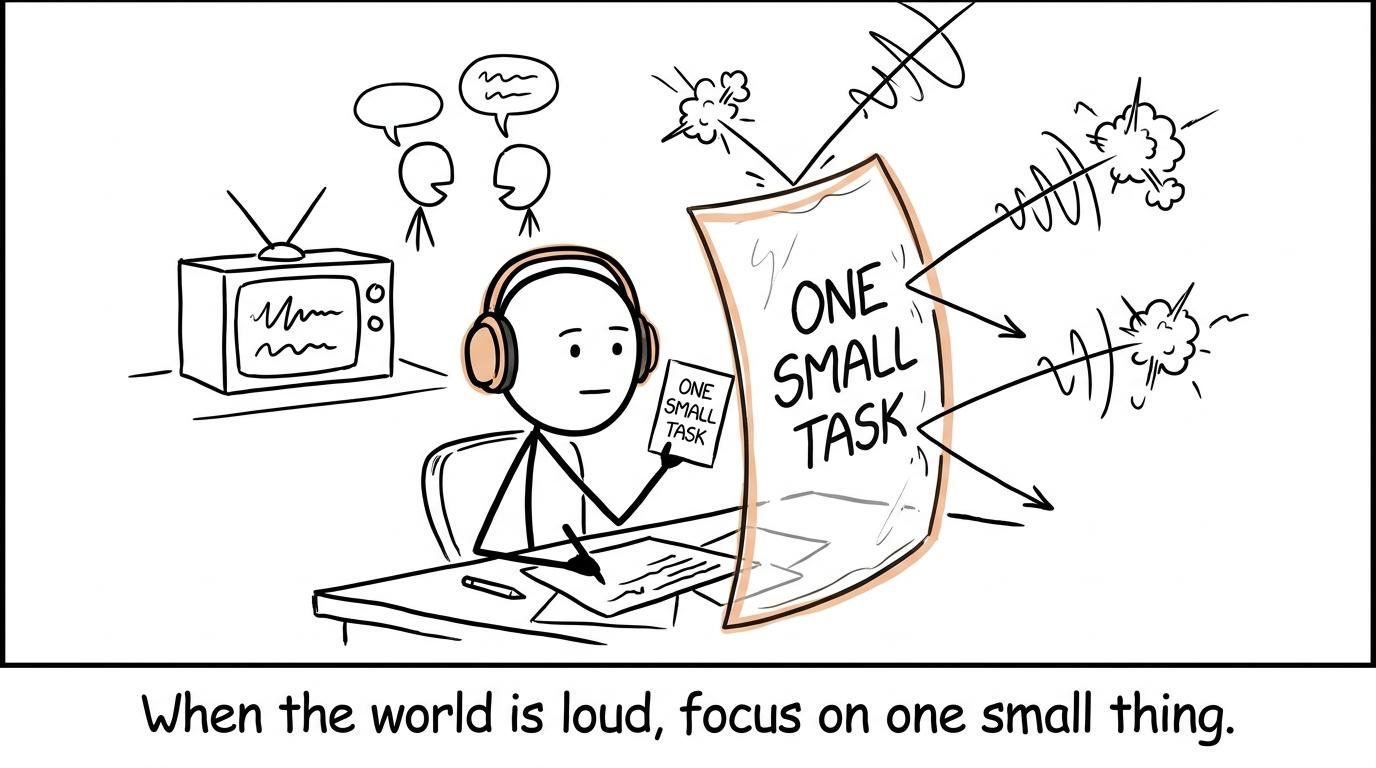 A calm student protects one small task from noisy household distractions
