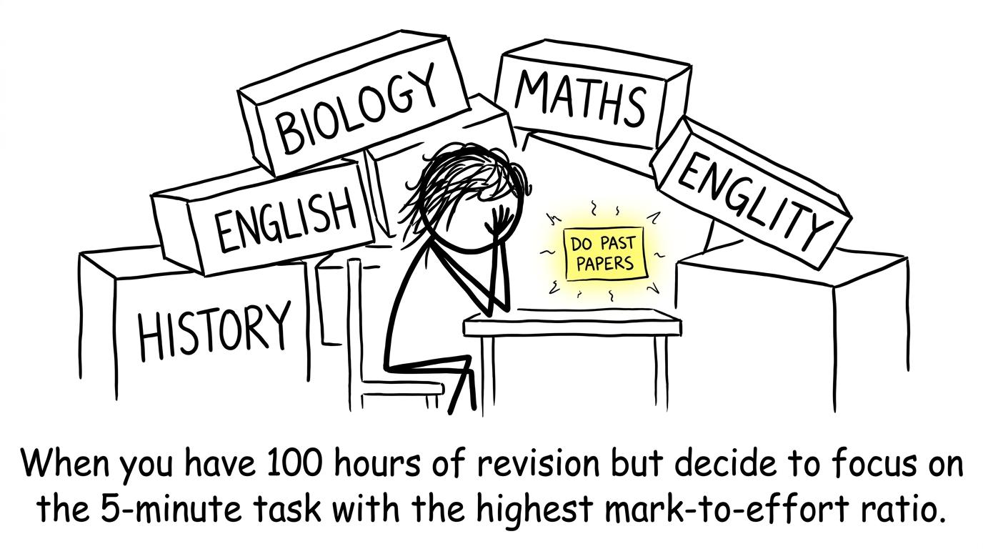 A stressed student and a tiny “Do past papers” note