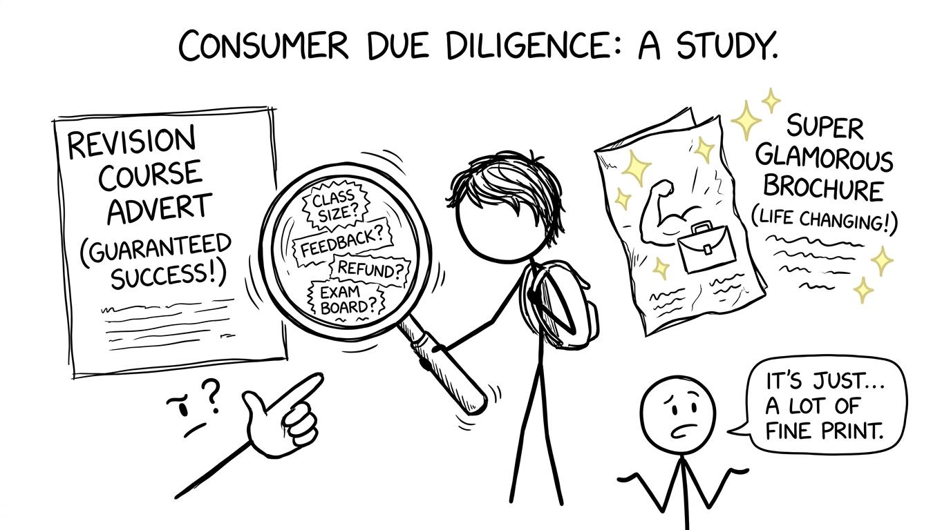 A student investigating the small print on a glamorous revision course advert