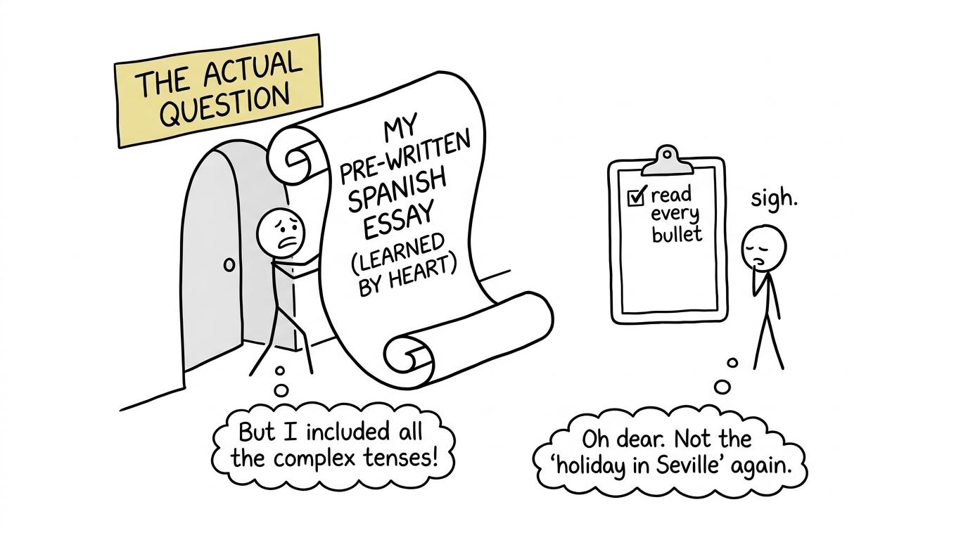 A prepared essay attempts to squeeze through the doorway of the actual question