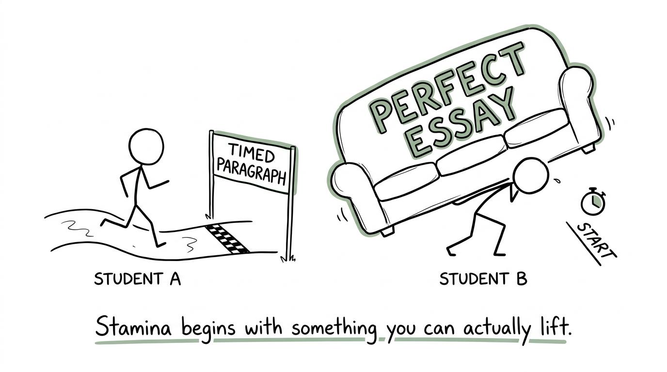 A student practising a manageable timed paragraph while another tries to carry a perfect essay