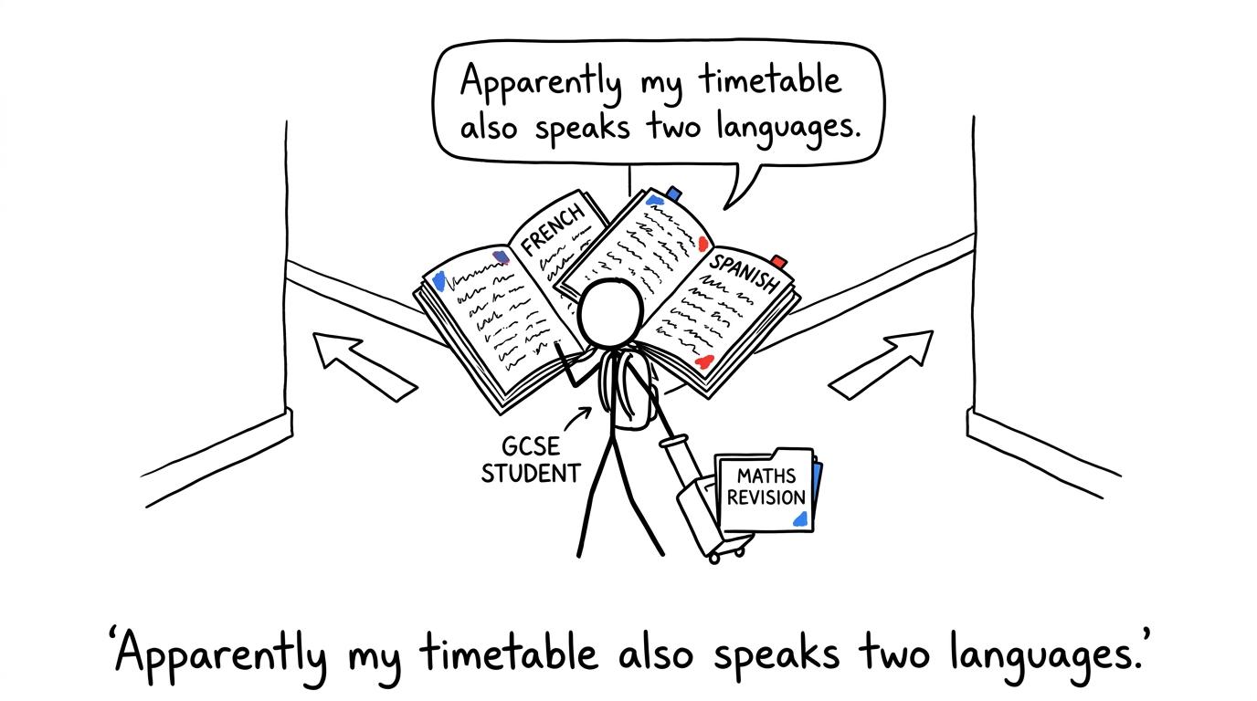 A student carrying French and Spanish phrasebooks while the timetable struggles