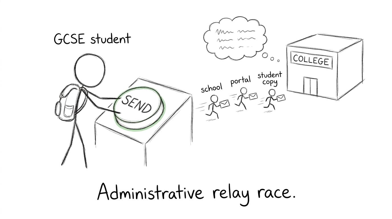 Tiny administrative messengers racing a GCSE result towards college