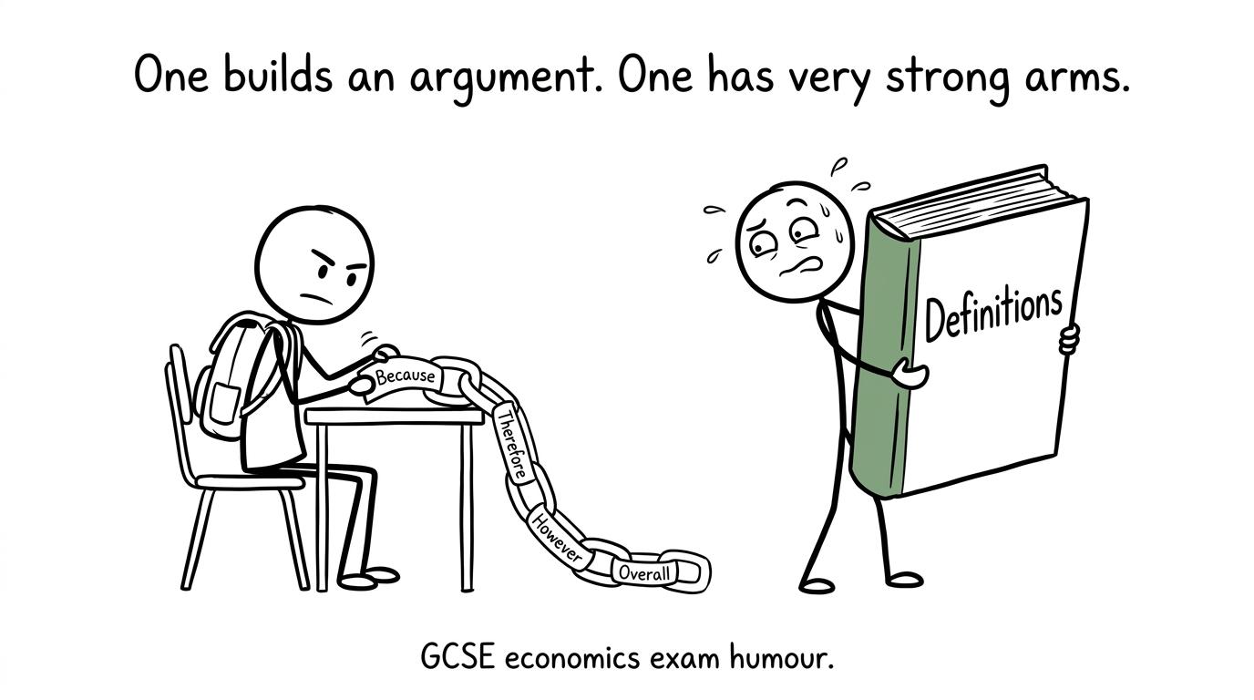 A student builds an analytical chain while another carries a giant book of definitions