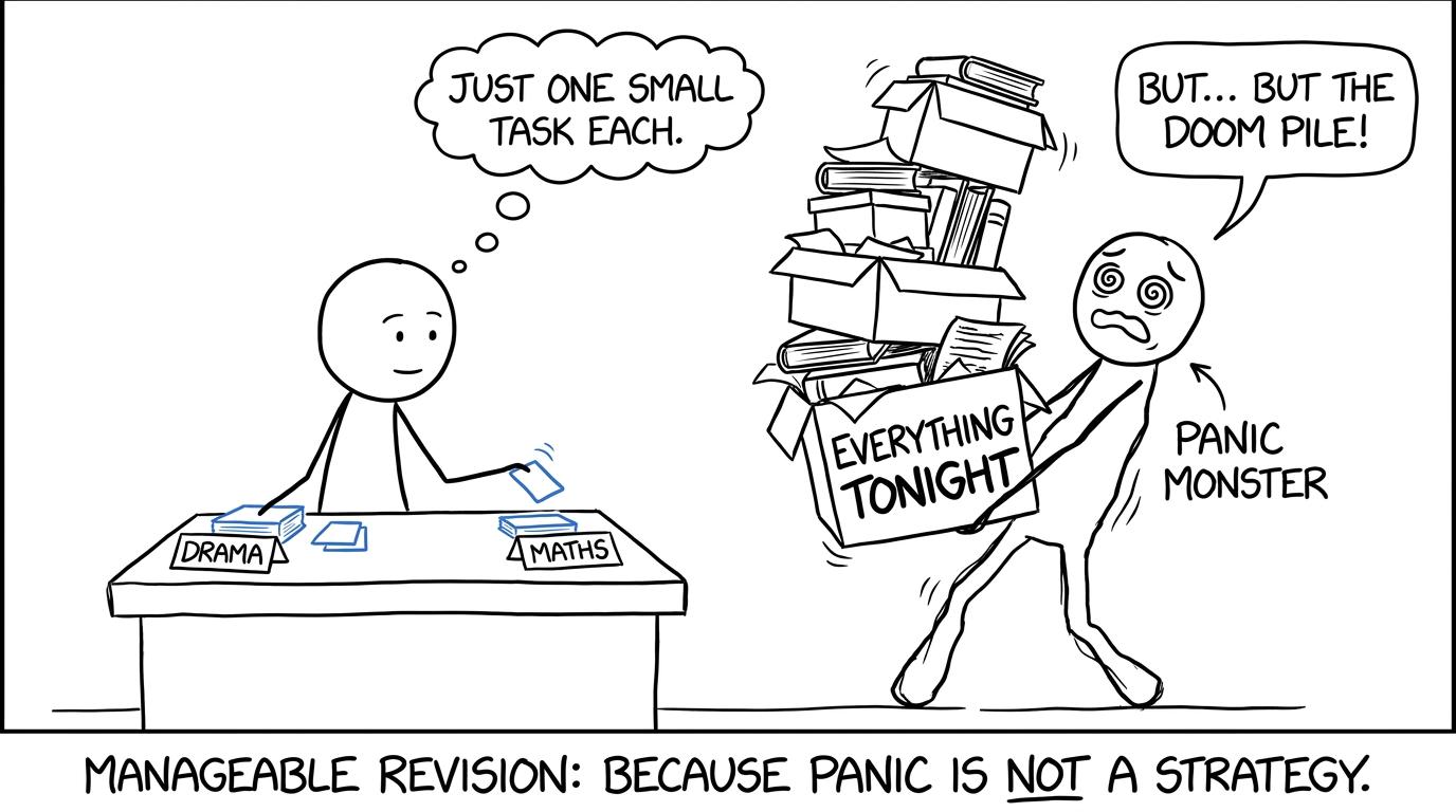 A calm student balances Drama and maths while the Panic Monster carries everything