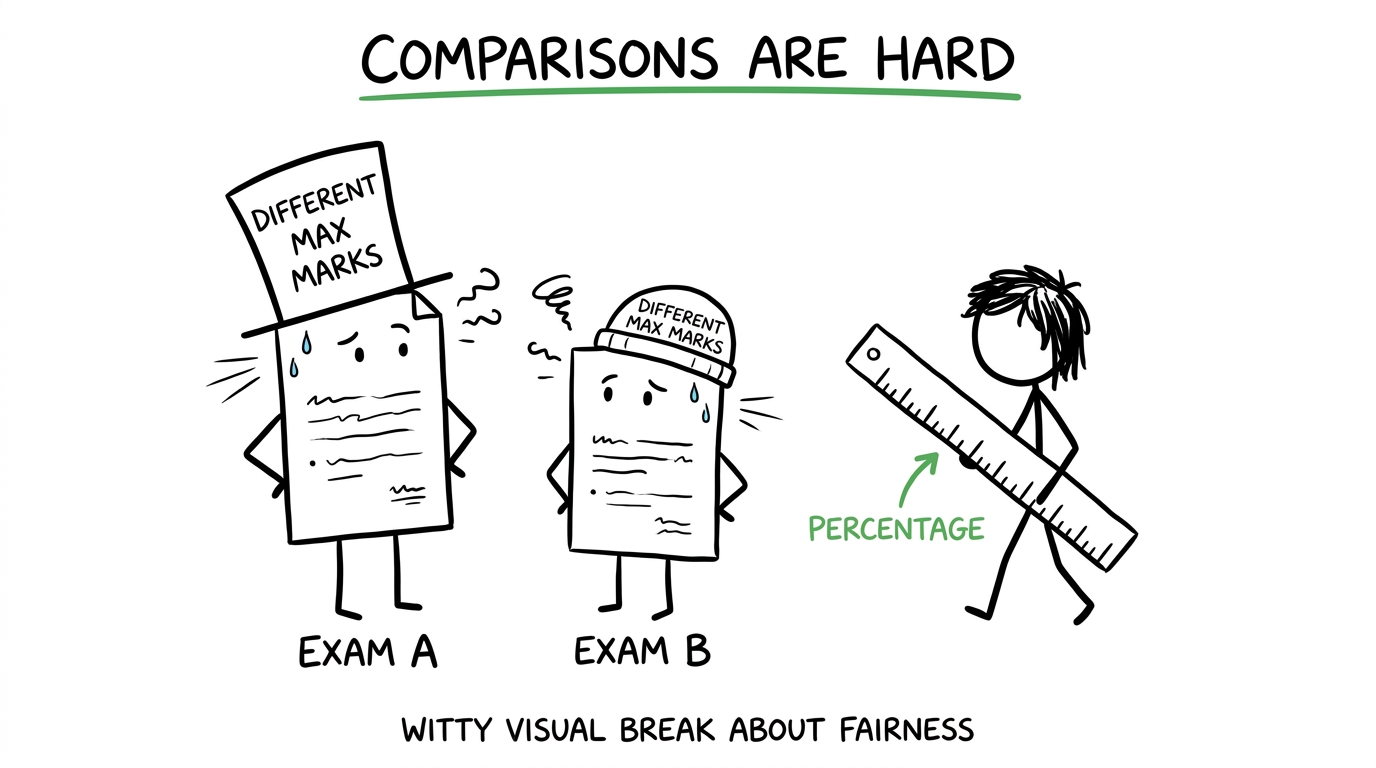 Exam papers discover that raw marks need a fair scale before comparison