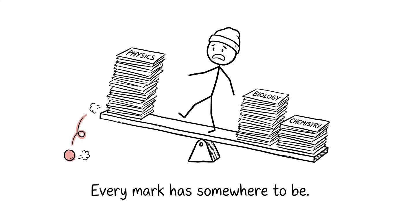 Three exam papers balancing while one mark escapes
