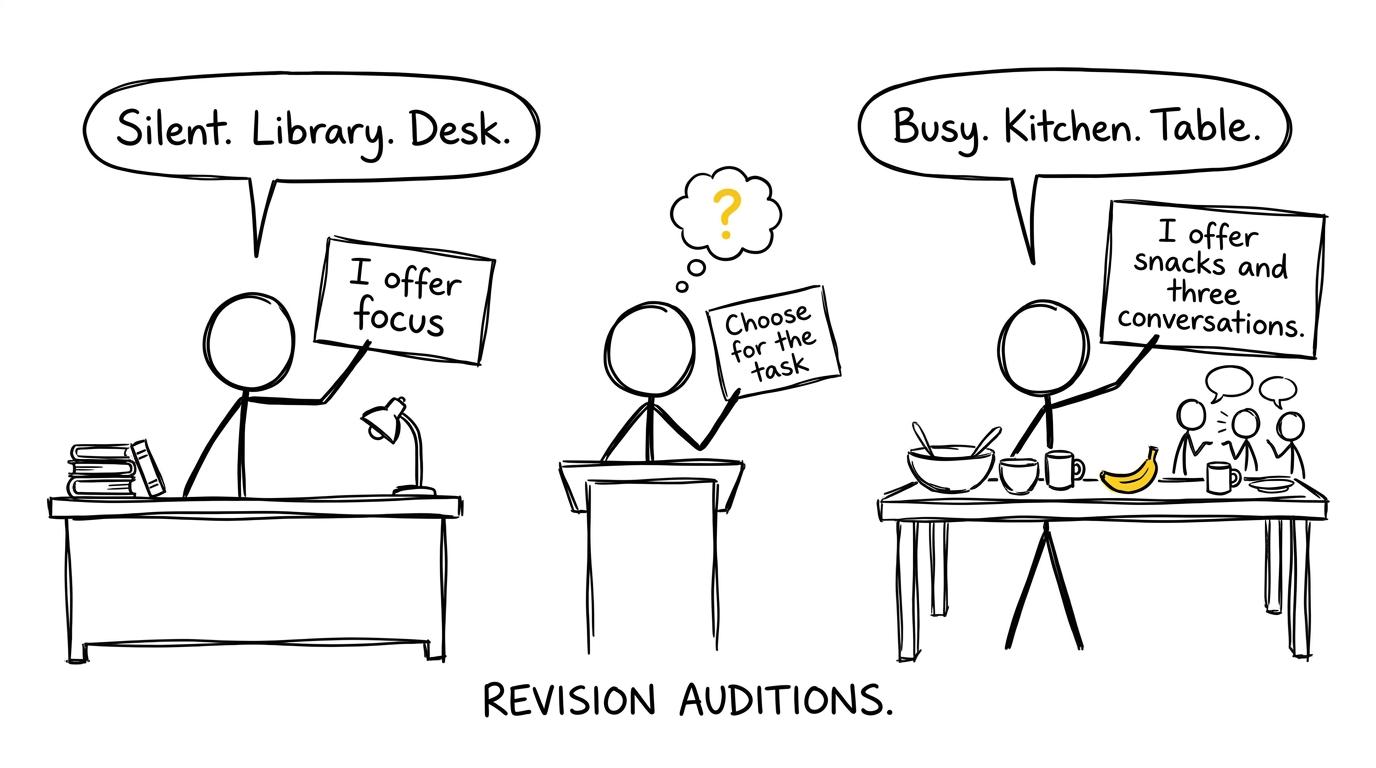 A library desk and kitchen table audition for the role of revision space
