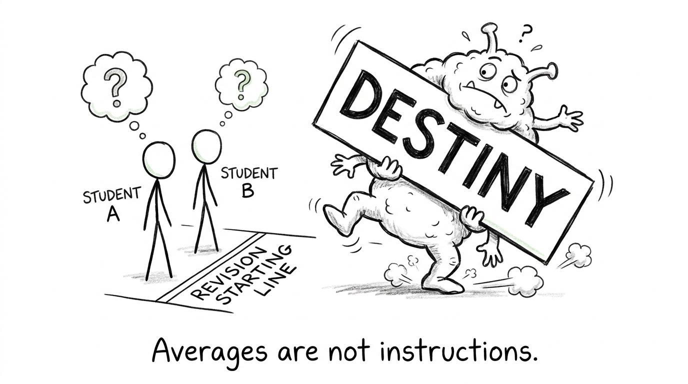 Two students ignore a stereotype monster carrying a destiny sign