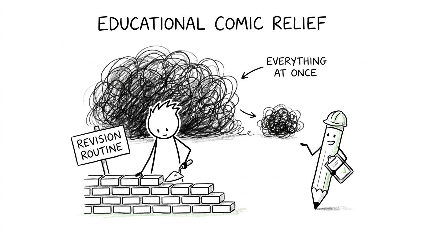 A student builds a small revision routine wall while the everything-at-once cloud shrinks