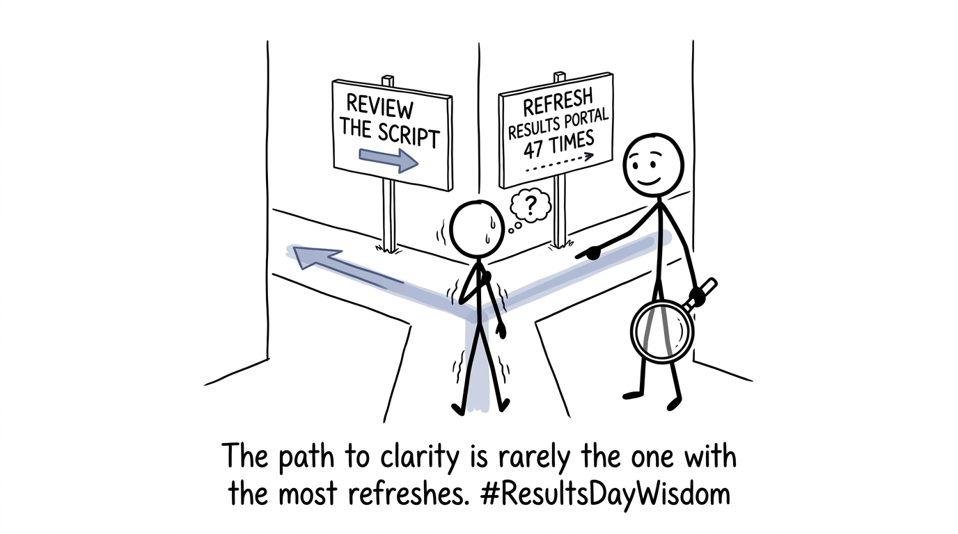 A student choosing between reviewing a script and repeatedly refreshing the results portal