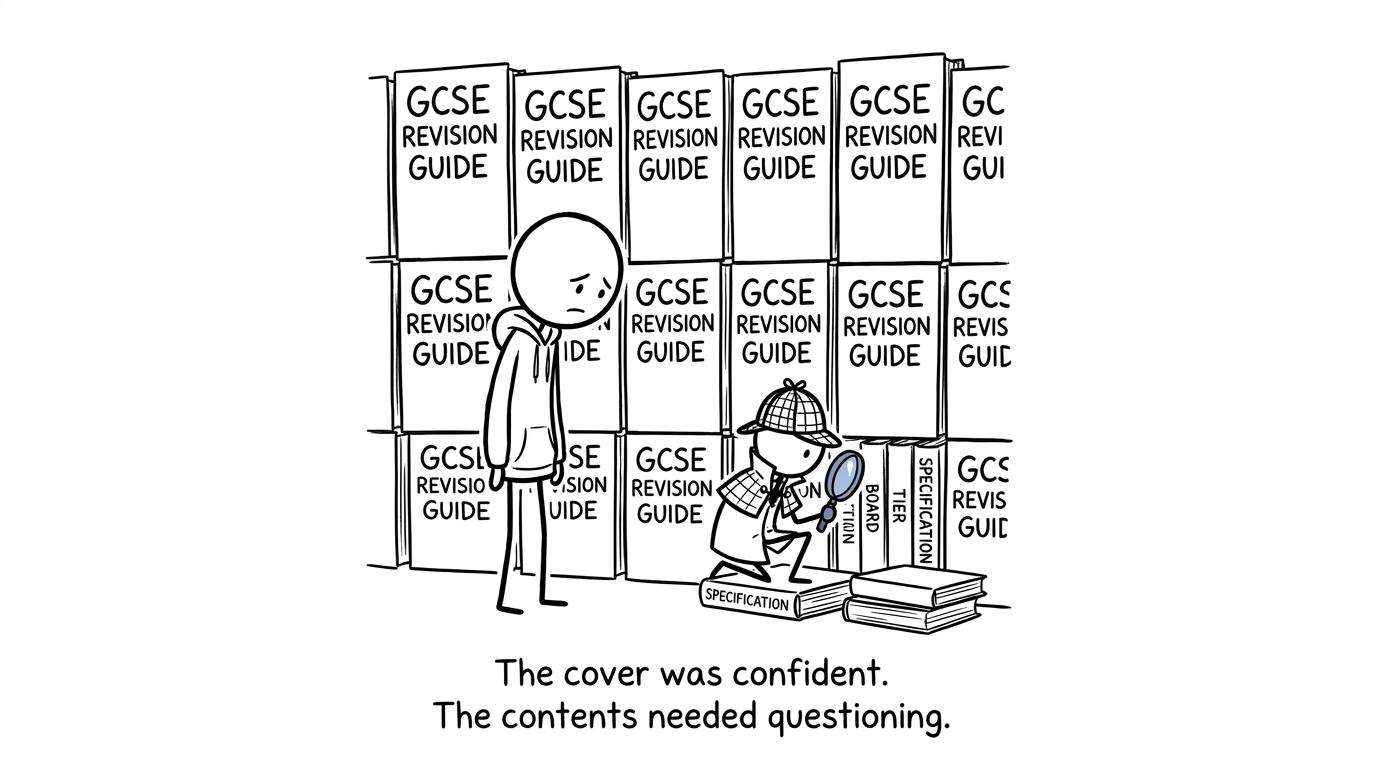 A student investigates a wall of revision guides rather than trusting their covers