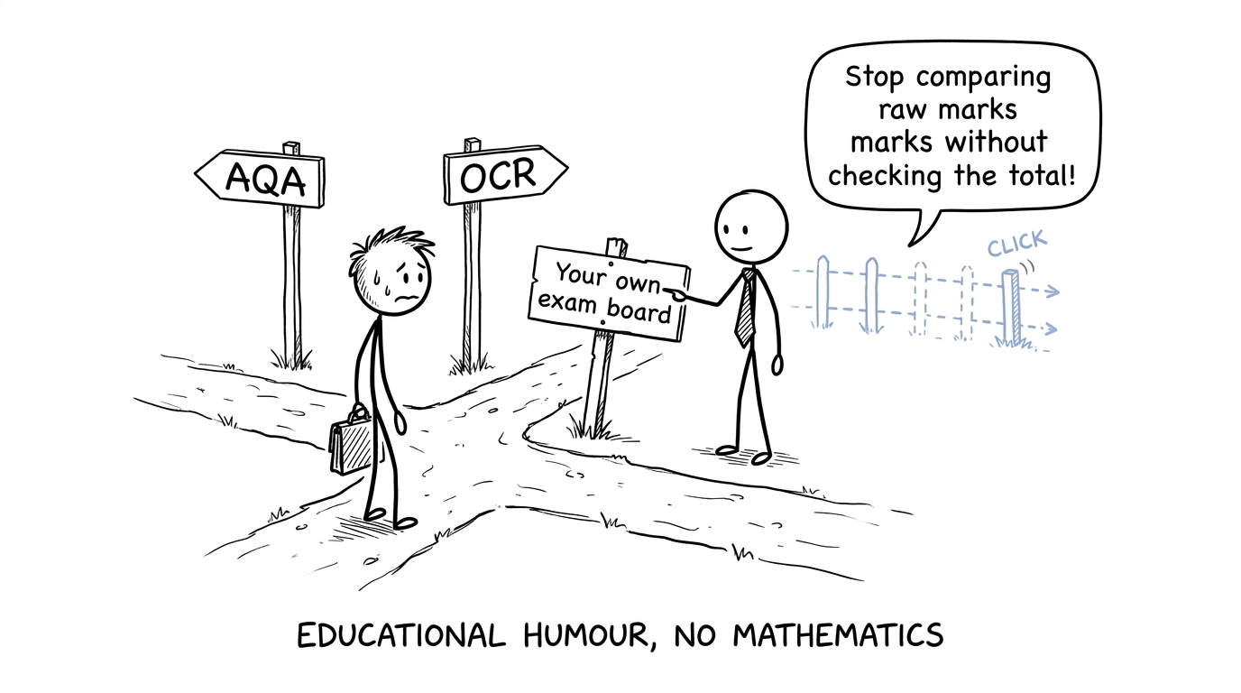 A GCSE student choosing between AQA and OCR signs while a teacher points towards the correct exam board