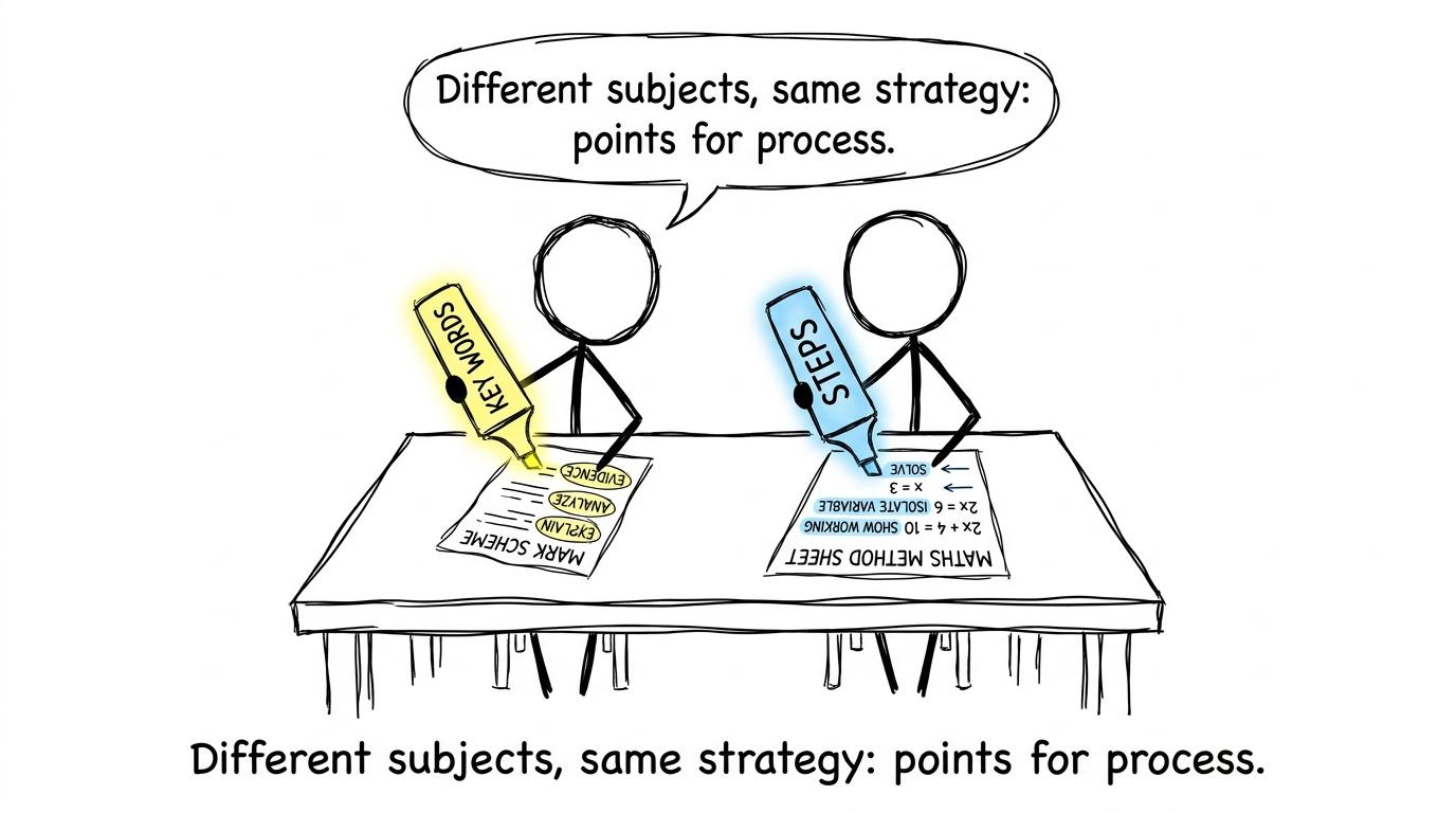 Two students highlight “key words” and “steps”