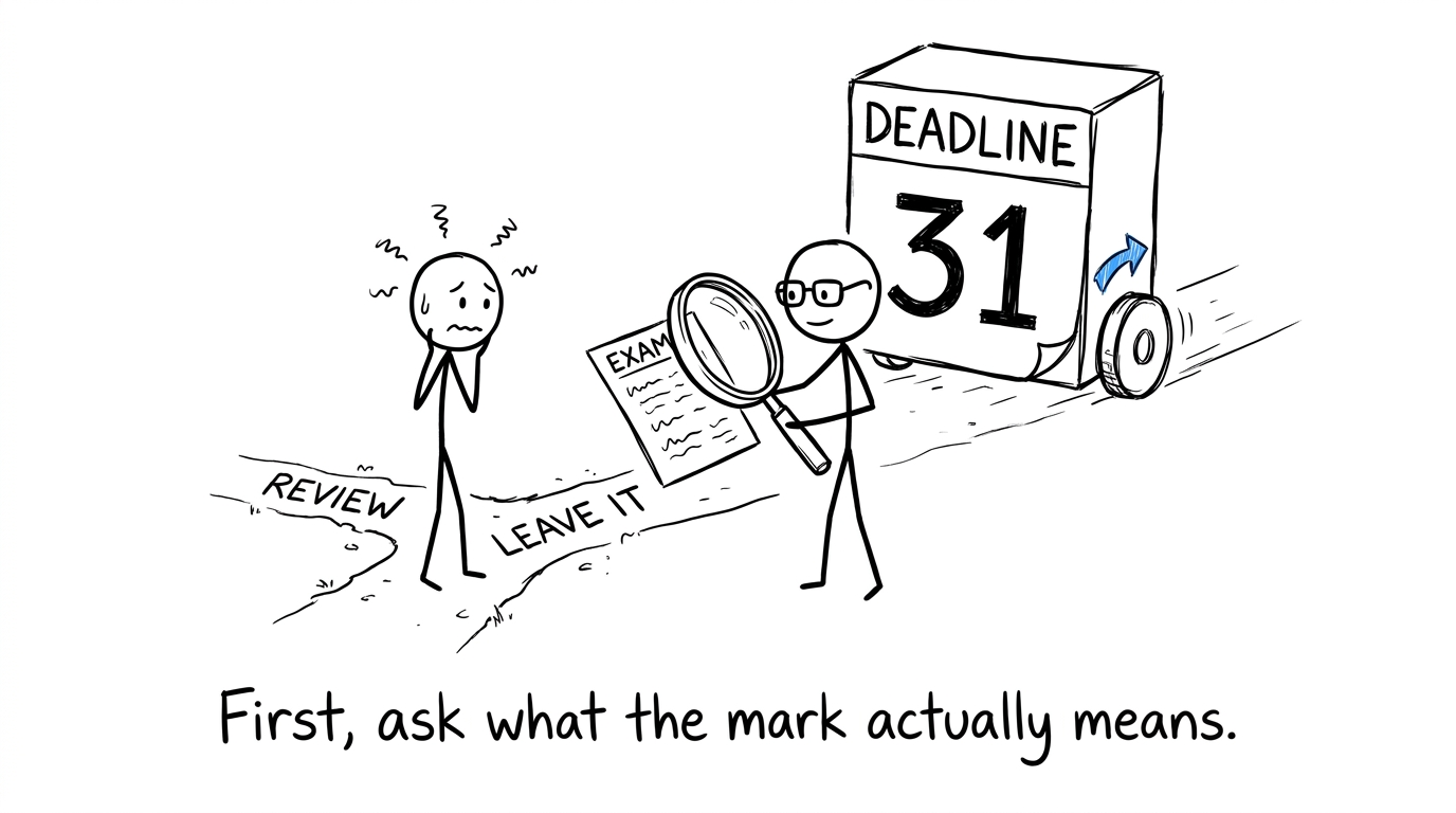 A student and teacher calmly investigate an exam result before a deadline