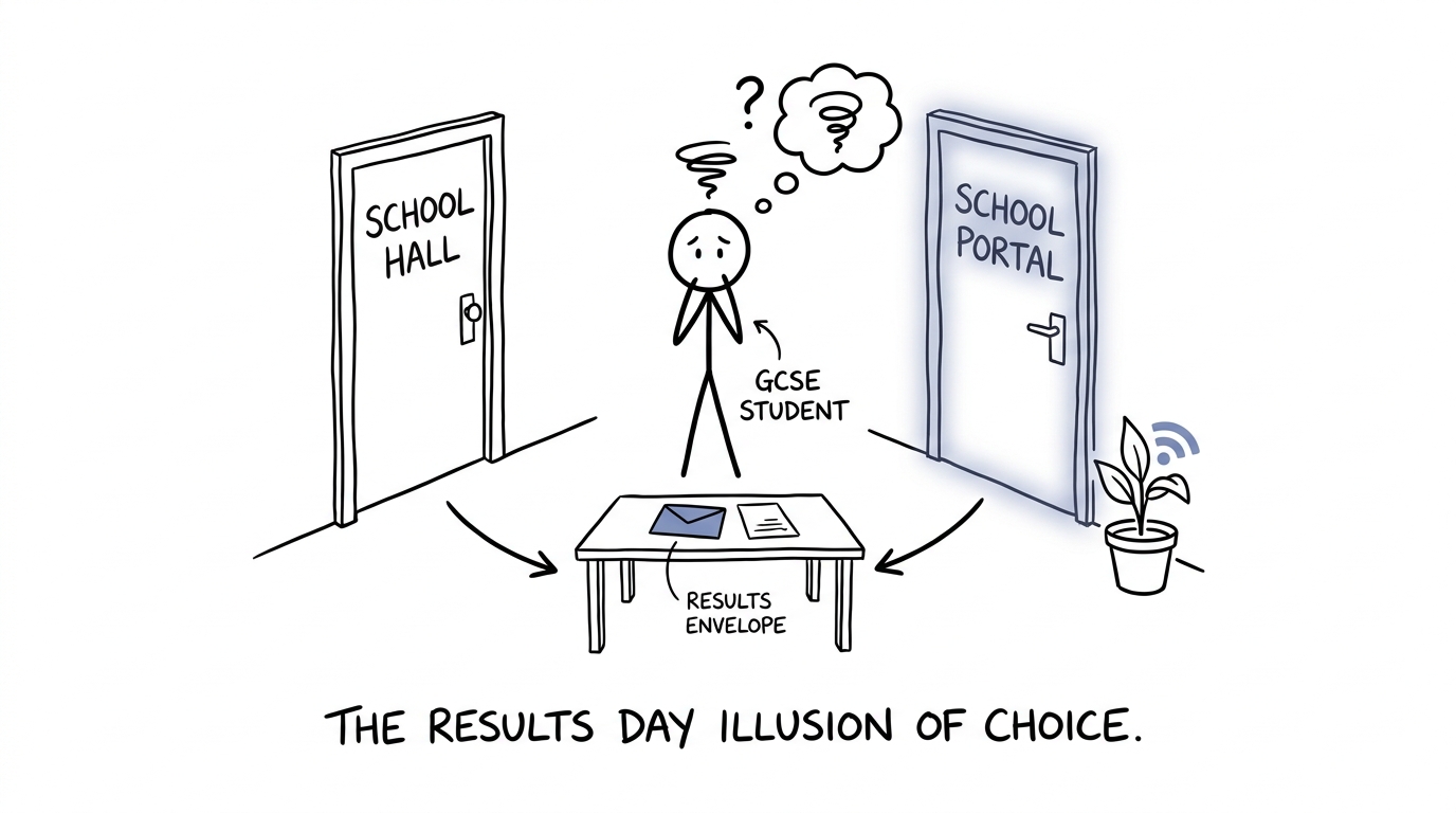A student choosing between a school hall and an online results portal