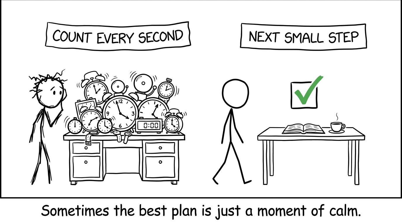 A student moving from a desk full of countdown alarms to a calm next-step revision desk