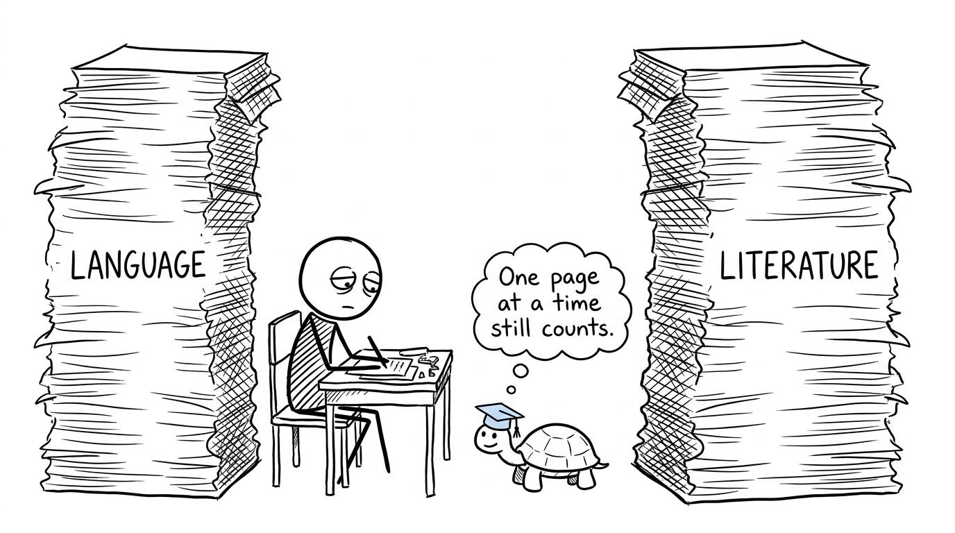 A student facing language and literature revision piles while a tortoise recommends taking one page at a time