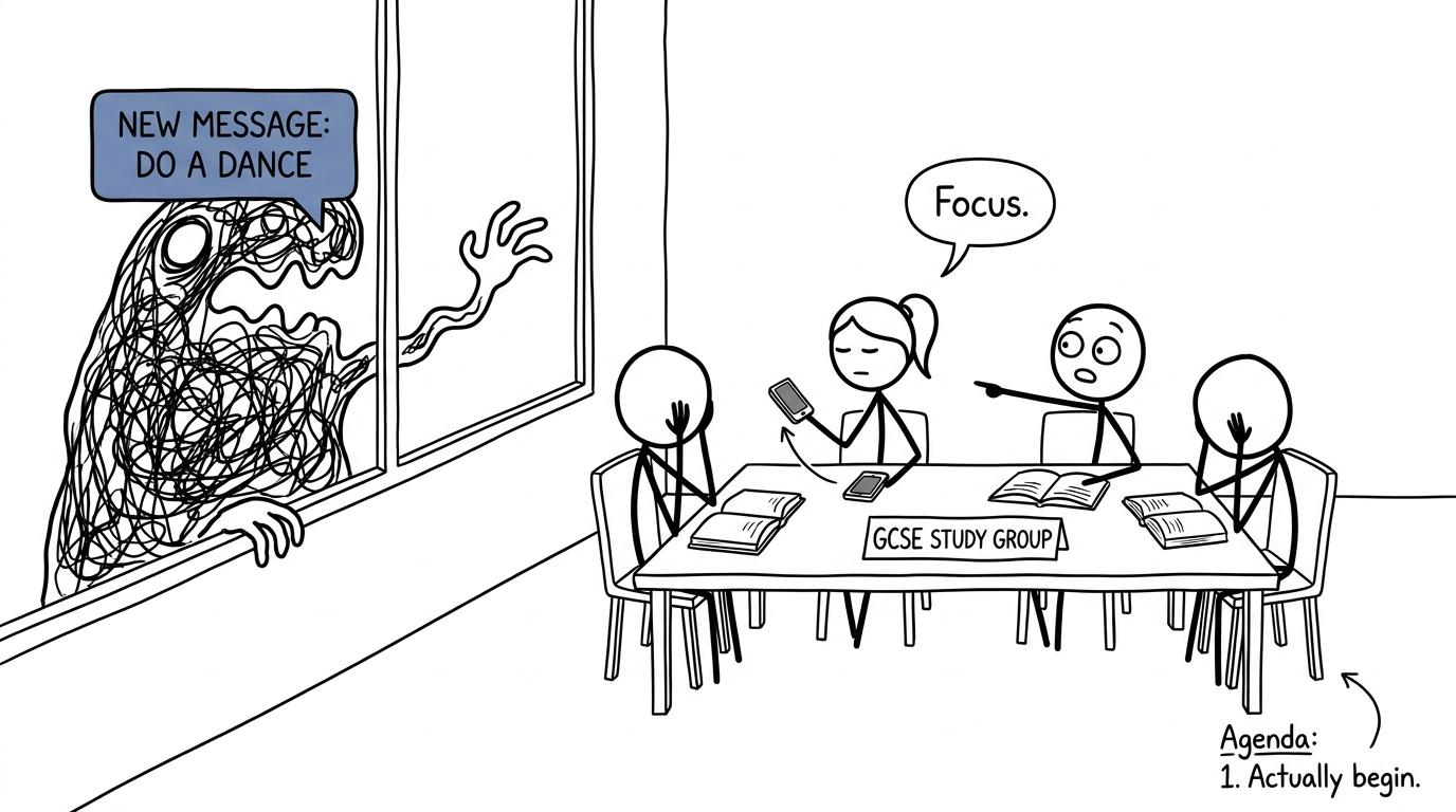 A GCSE study group resists a giant group-chat distraction and begins its agenda
