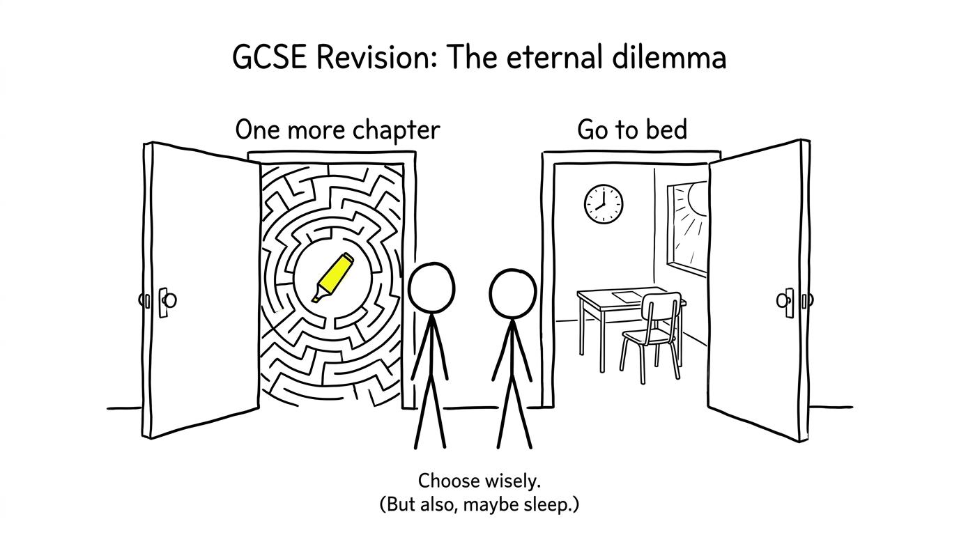 A student chooses between an endless revision maze and a calm bedtime