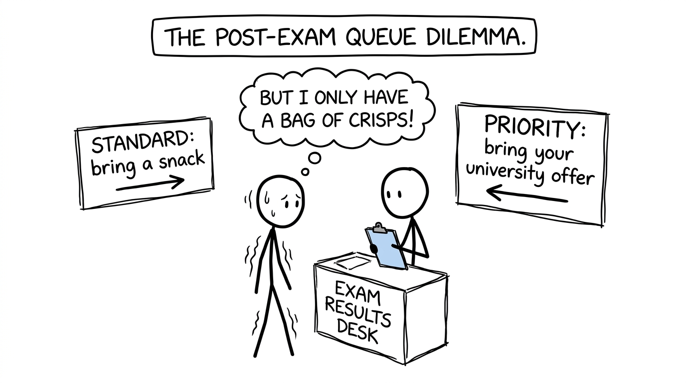 A student choosing between standard and priority review queues at an exam results desk
