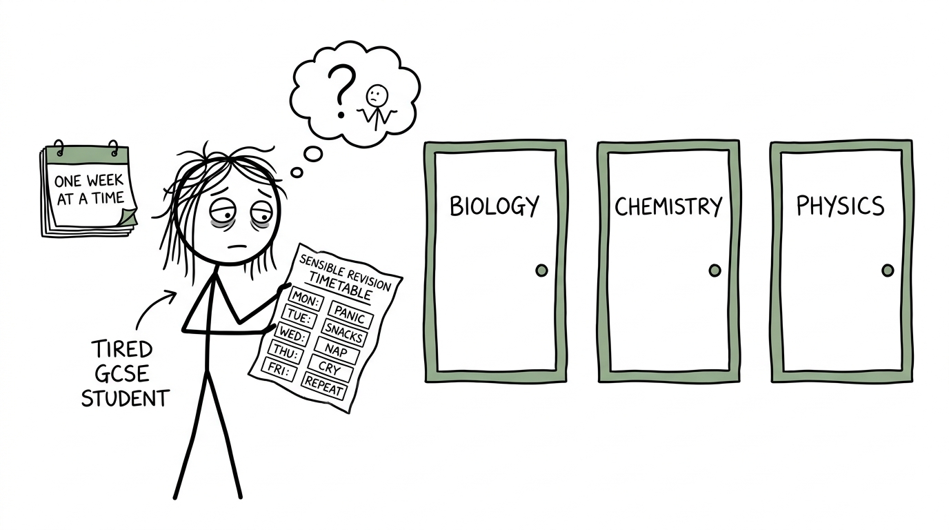 A student calmly choosing between biology, chemistry and physics revision doors