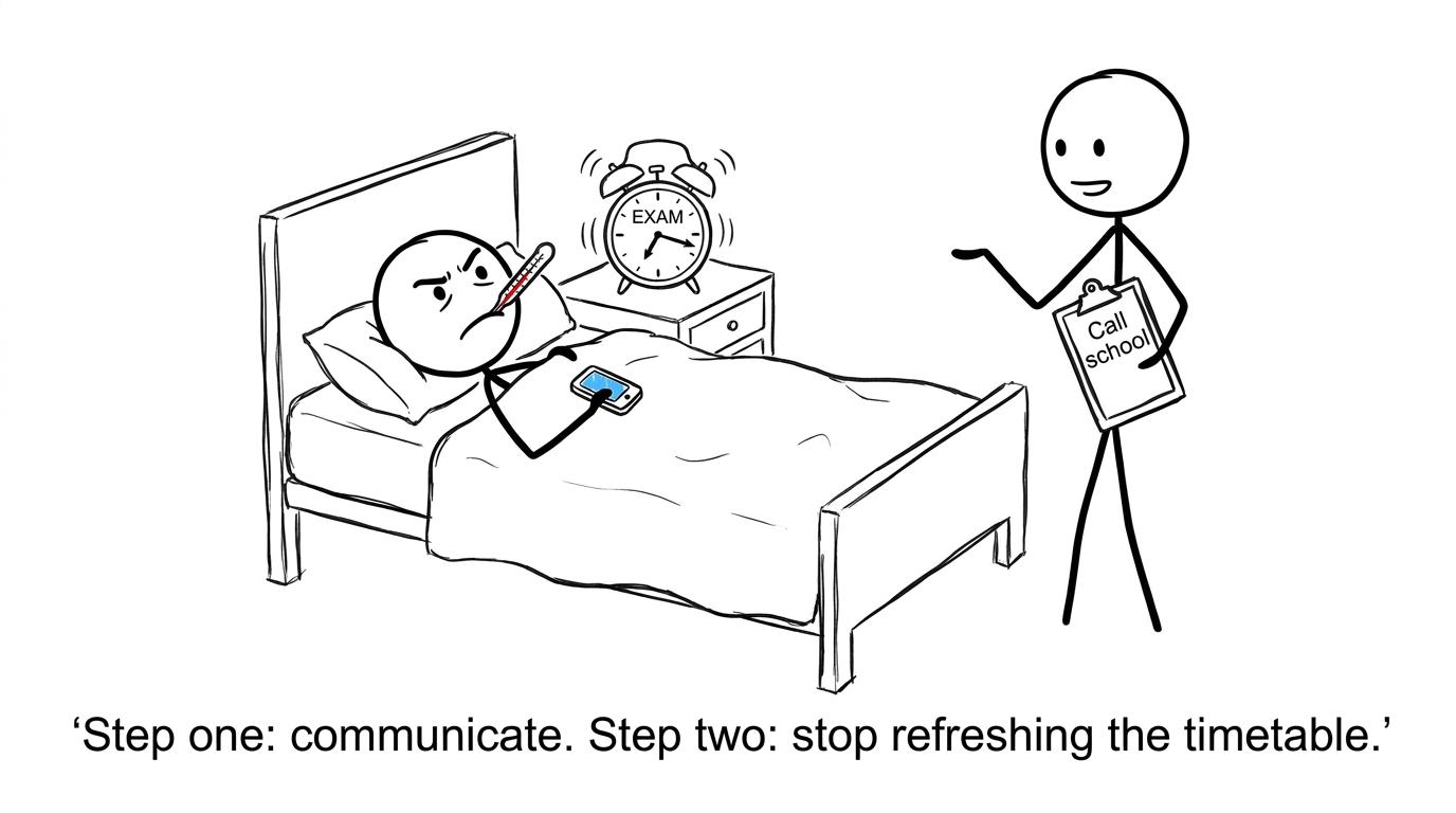 A student sensibly calls school instead of repeatedly refreshing the exam timetable