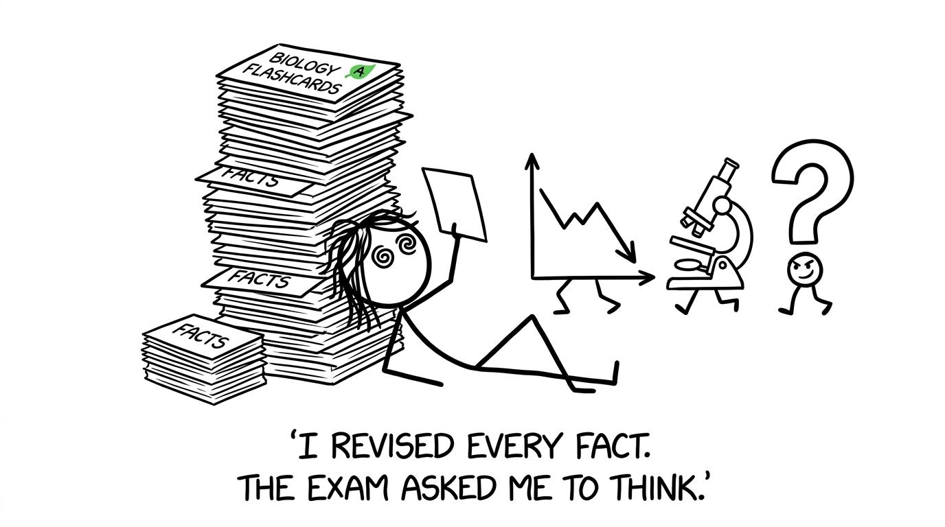 A student learns that memorising every fact does not answer every question