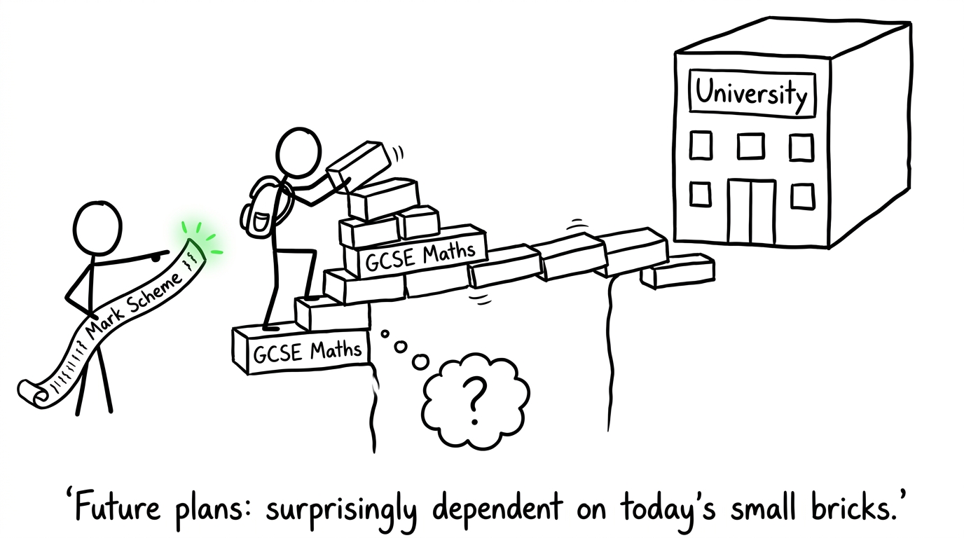 A student building a bridge from GCSE maths books towards university