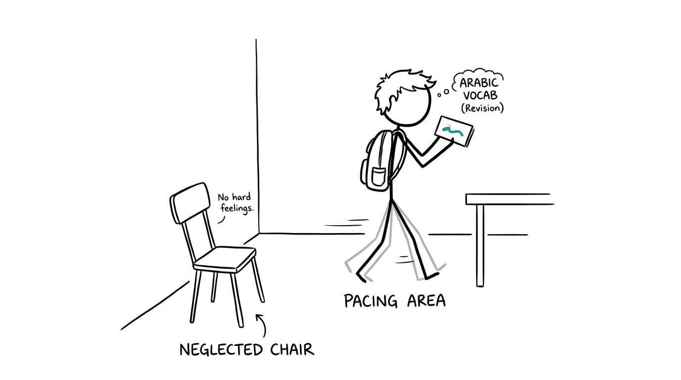 A student walking with an Arabic flashcard while a chair accepts its redundancy