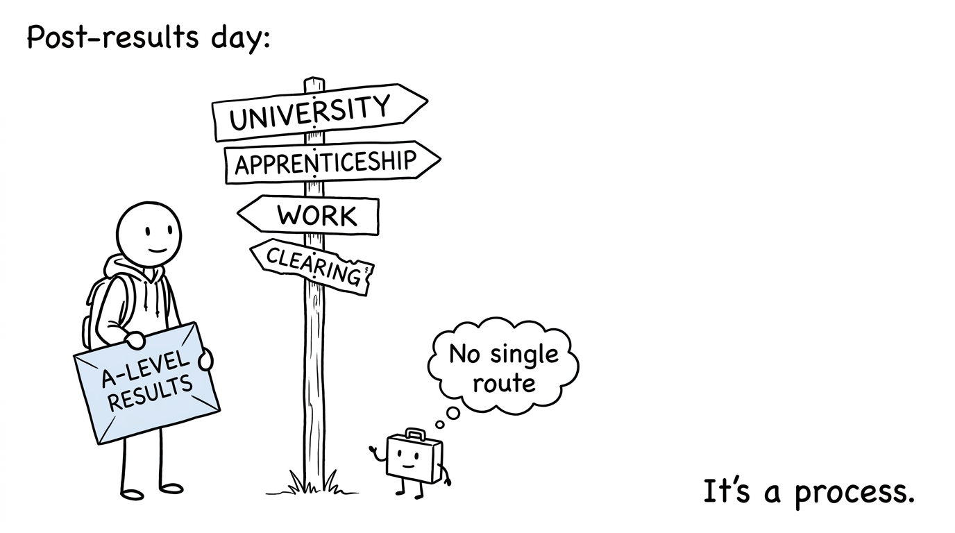 A student calmly choosing between university, apprenticeship, work and Clearing