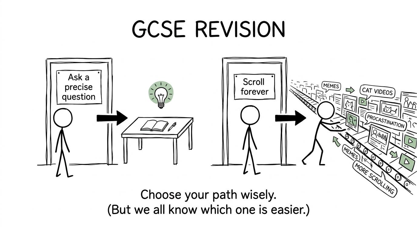 Two revision doors lead either to a clear question or an endless conveyor belt of memes