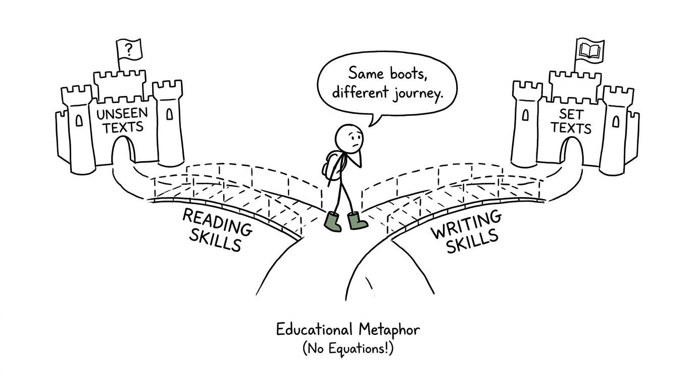 Two overlapping skill bridges lead towards unseen and set-text examinations