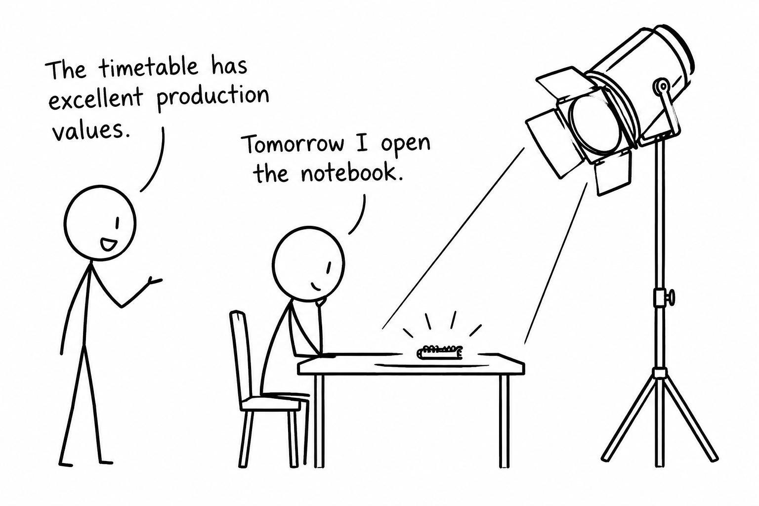 Stick figures joke about designing a revision timetable instead of beginning revision