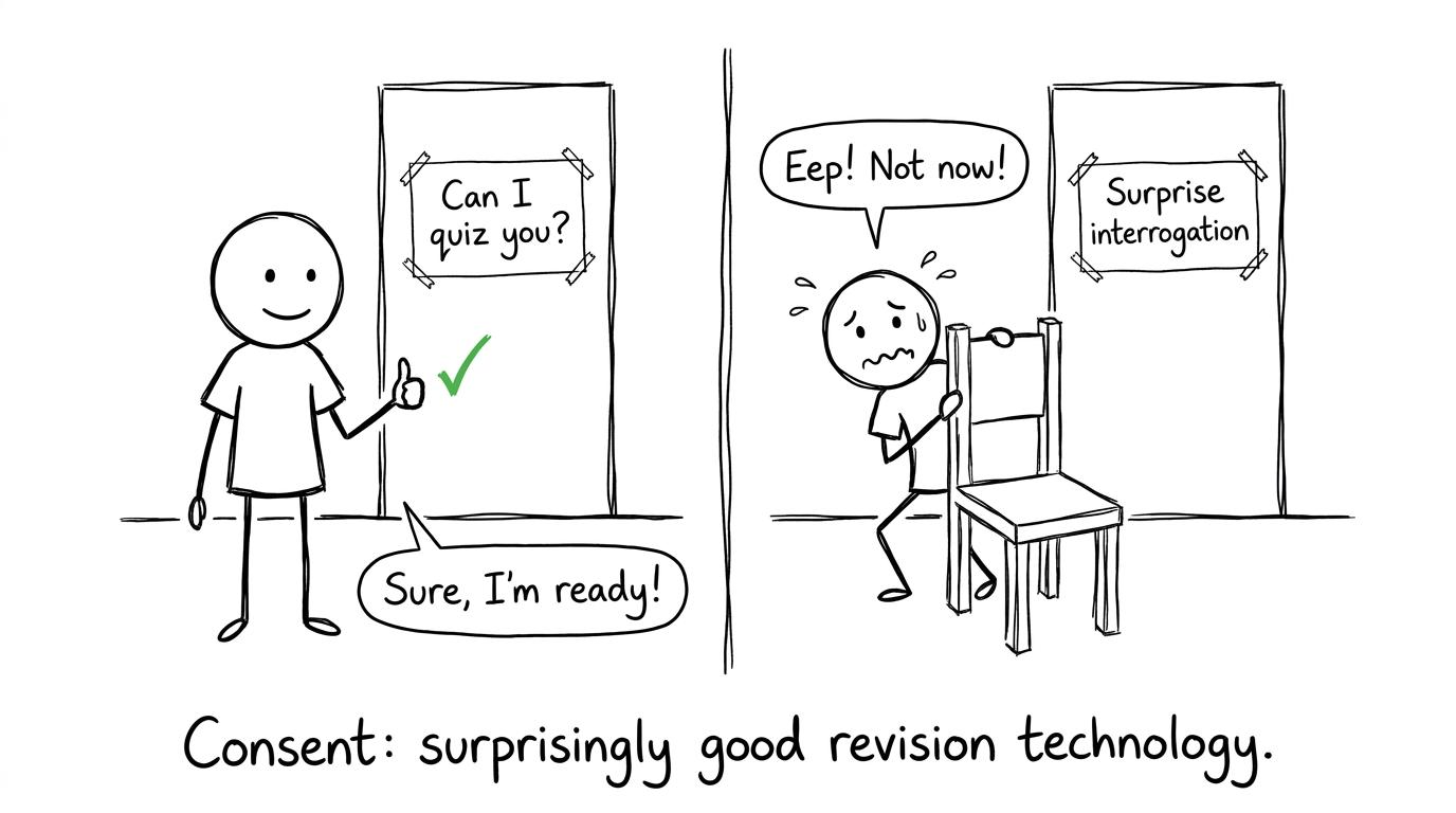 A student demonstrates why permission works better than surprise revision questions