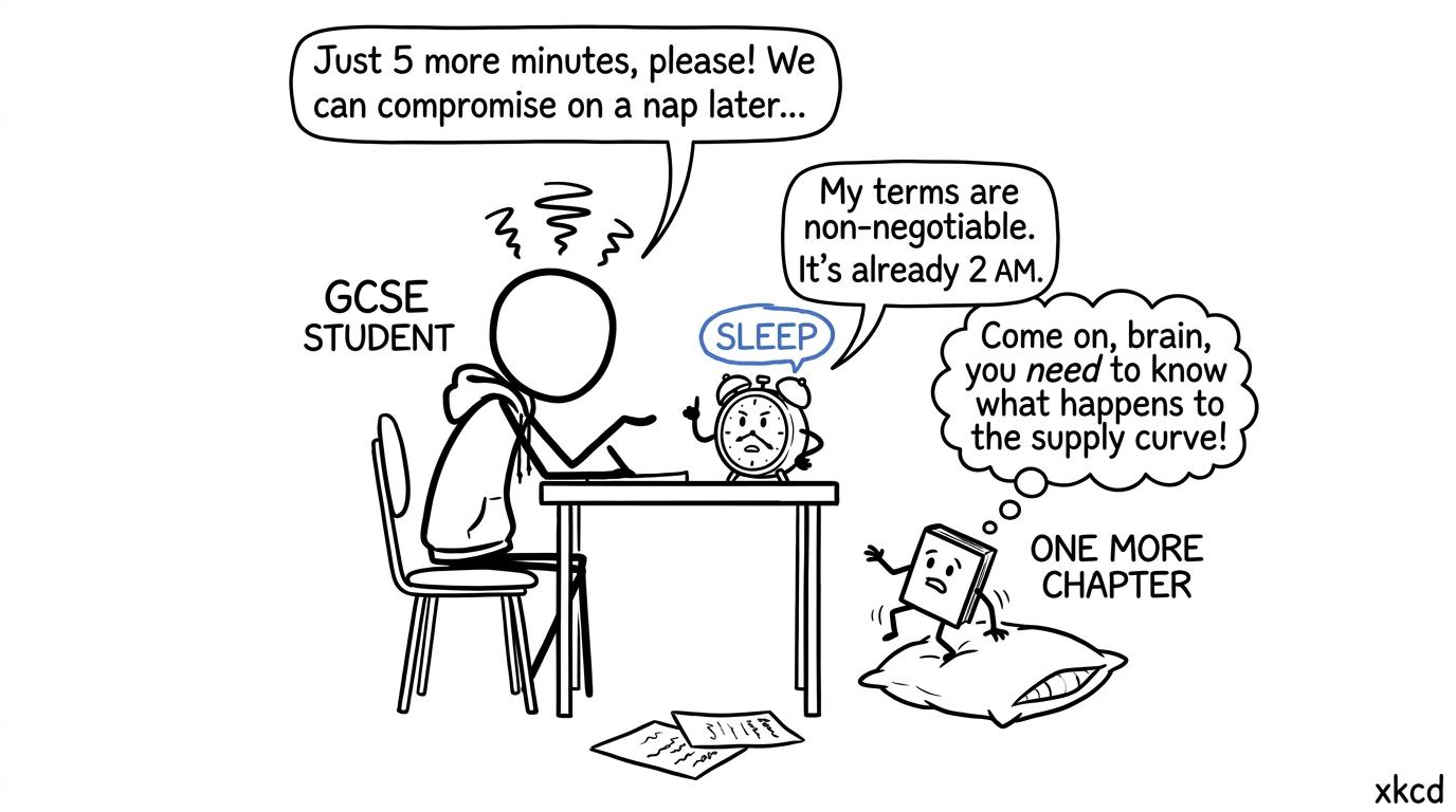 A tired student negotiating with an alarm clock while a textbook approaches the pillow