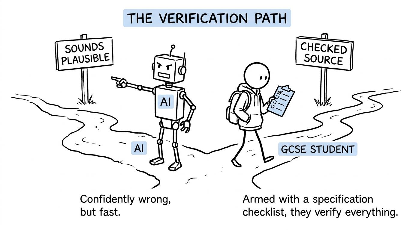 An AI confidently chooses the plausible route while a student checks the source