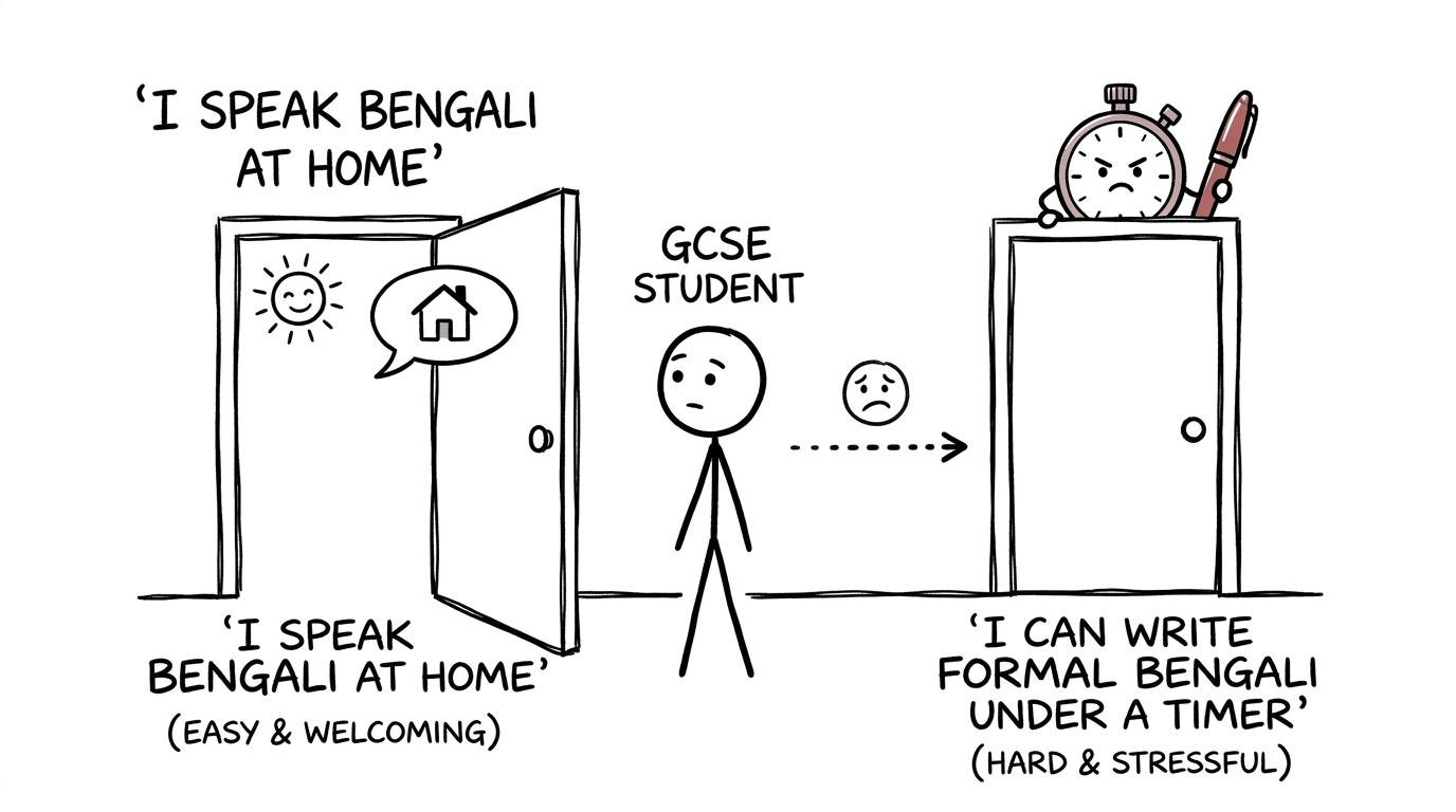 A student discovers that home fluency and formal exam writing lead through rather different doors