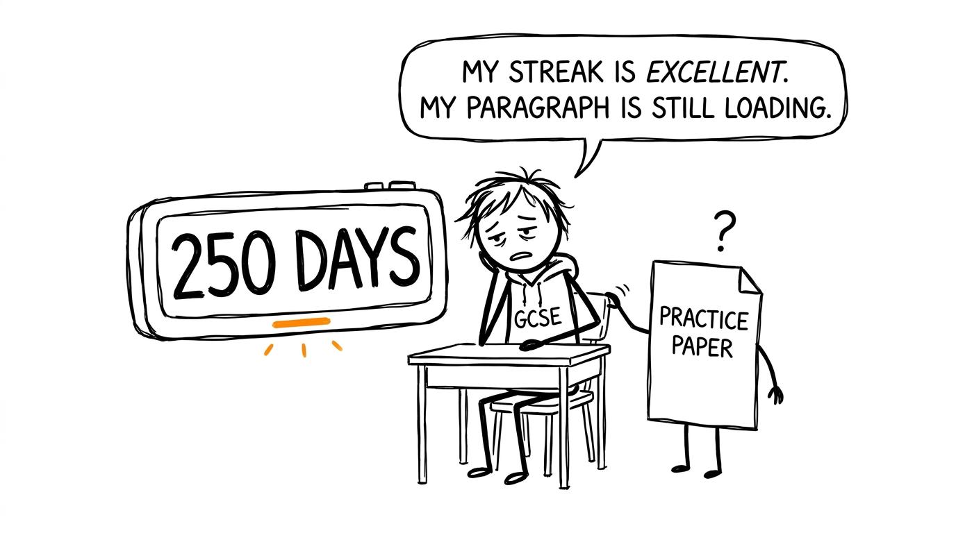 A student protects a revision streak while an untouched practice paper waits