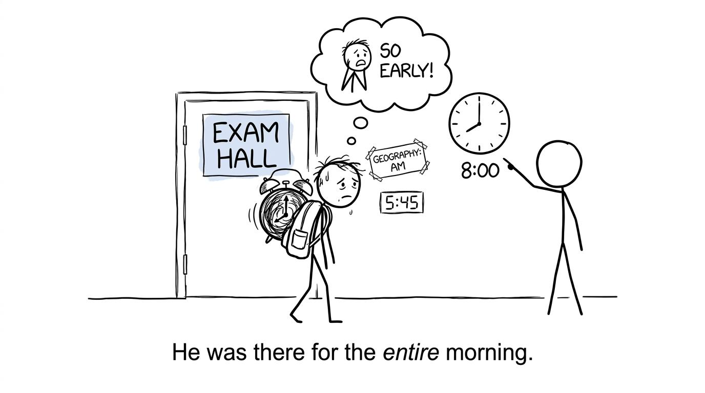 A GCSE student arriving extremely early with a giant alarm clock while an invigilator points calmly towards the exam hall