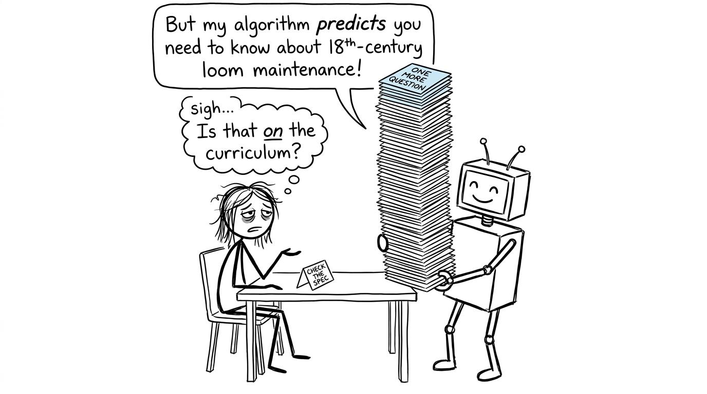 A student asks an enthusiastic AI quizmaster to check the specification