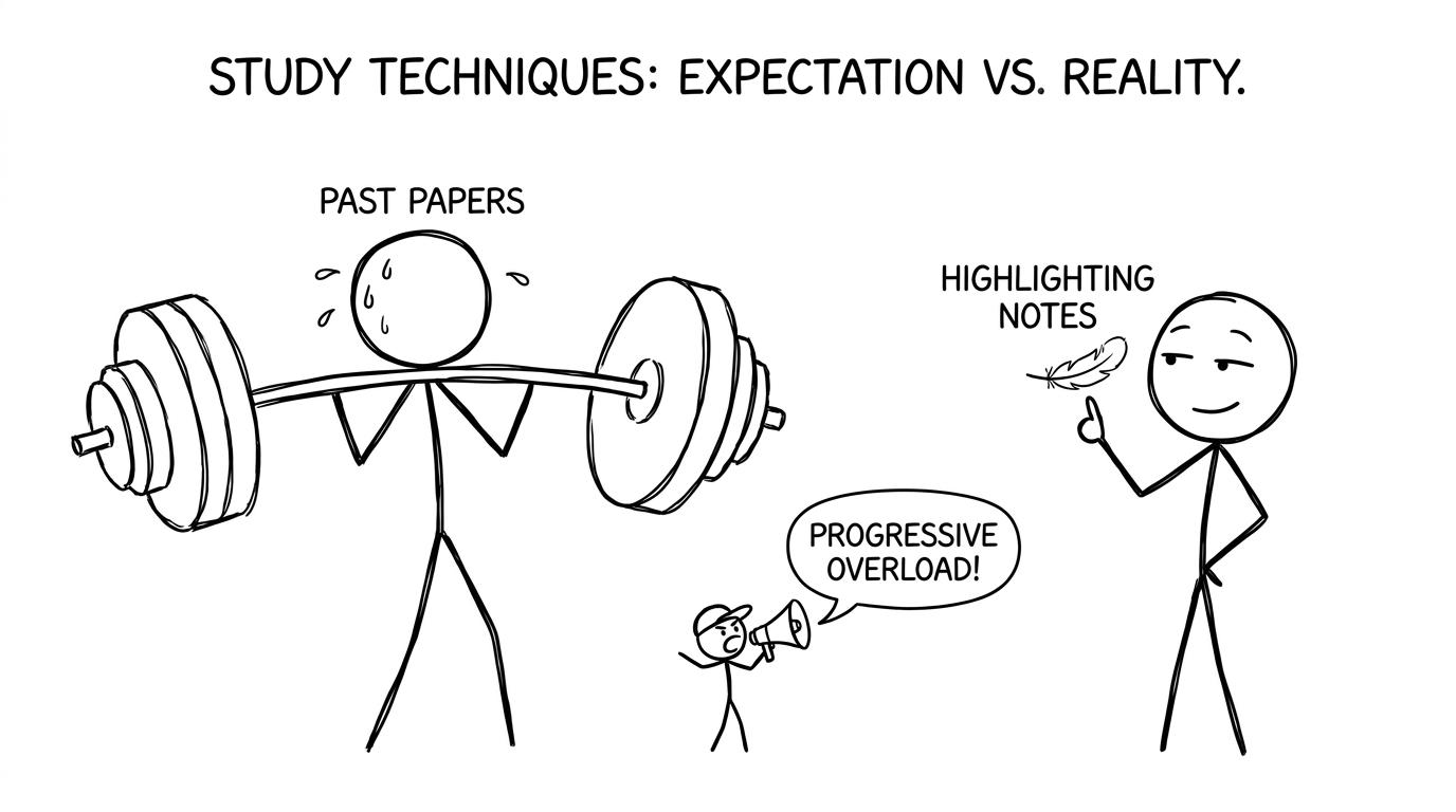 Stick figures lifting "Past Papers" vs "Highlighting notes"