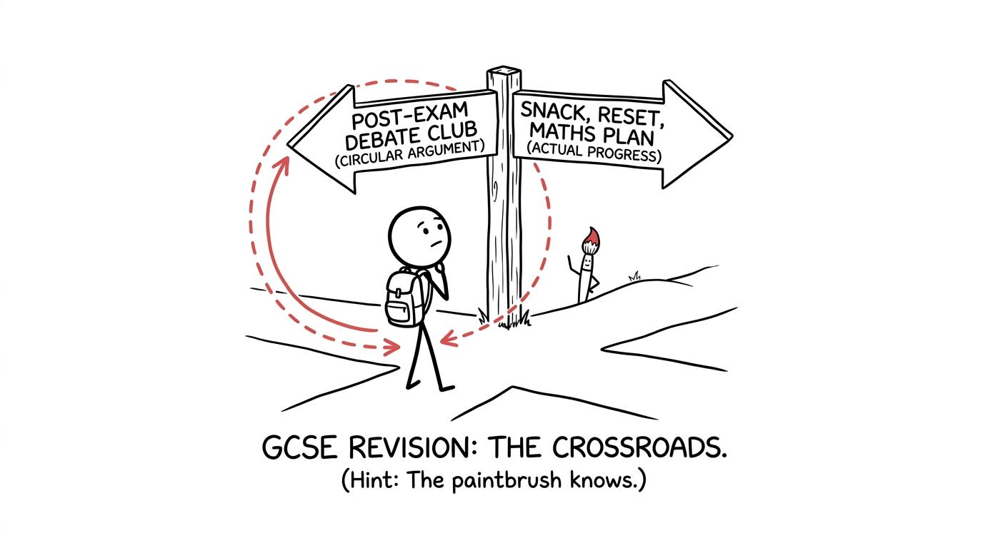 A signpost offers a circular route to the post-exam debate club and a forward route to a snack, reset and maths plan