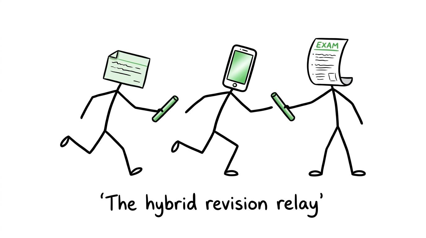 A paper flashcard and smartphone completing a hybrid revision relay towards an exam paper