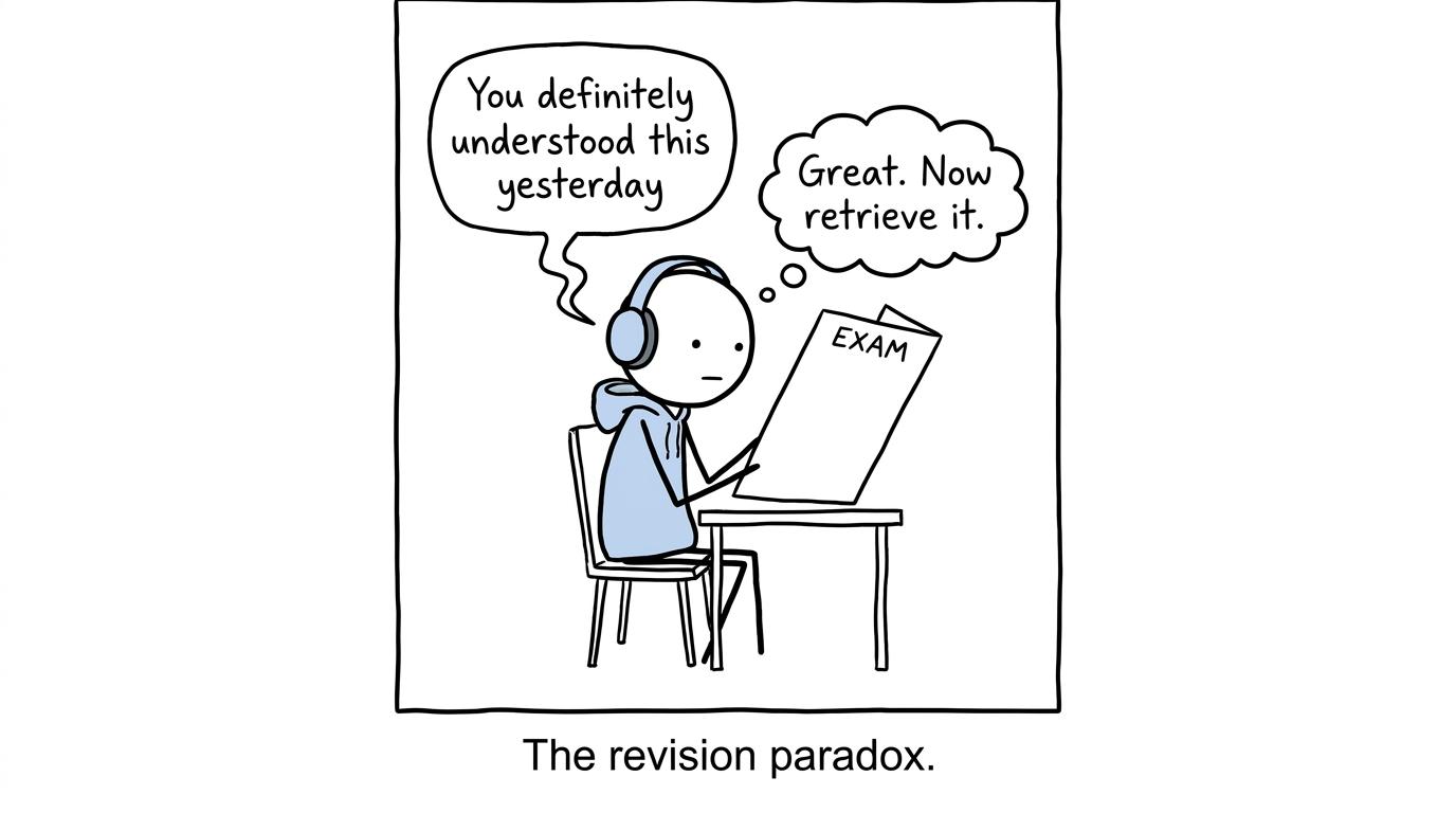 Headphones claim the student understood yesterday while an exam paper asks for retrieval