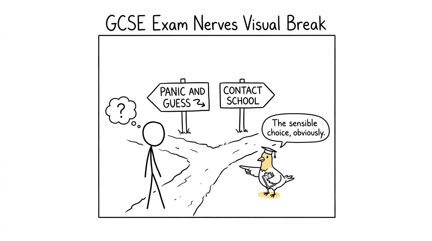 A sensible pigeon directs an anxious student towards contacting school