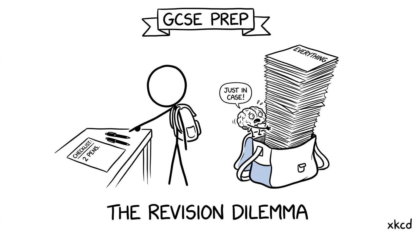 A cartoon brain attempts to add an enormous pile of notes to a neatly packed exam bag